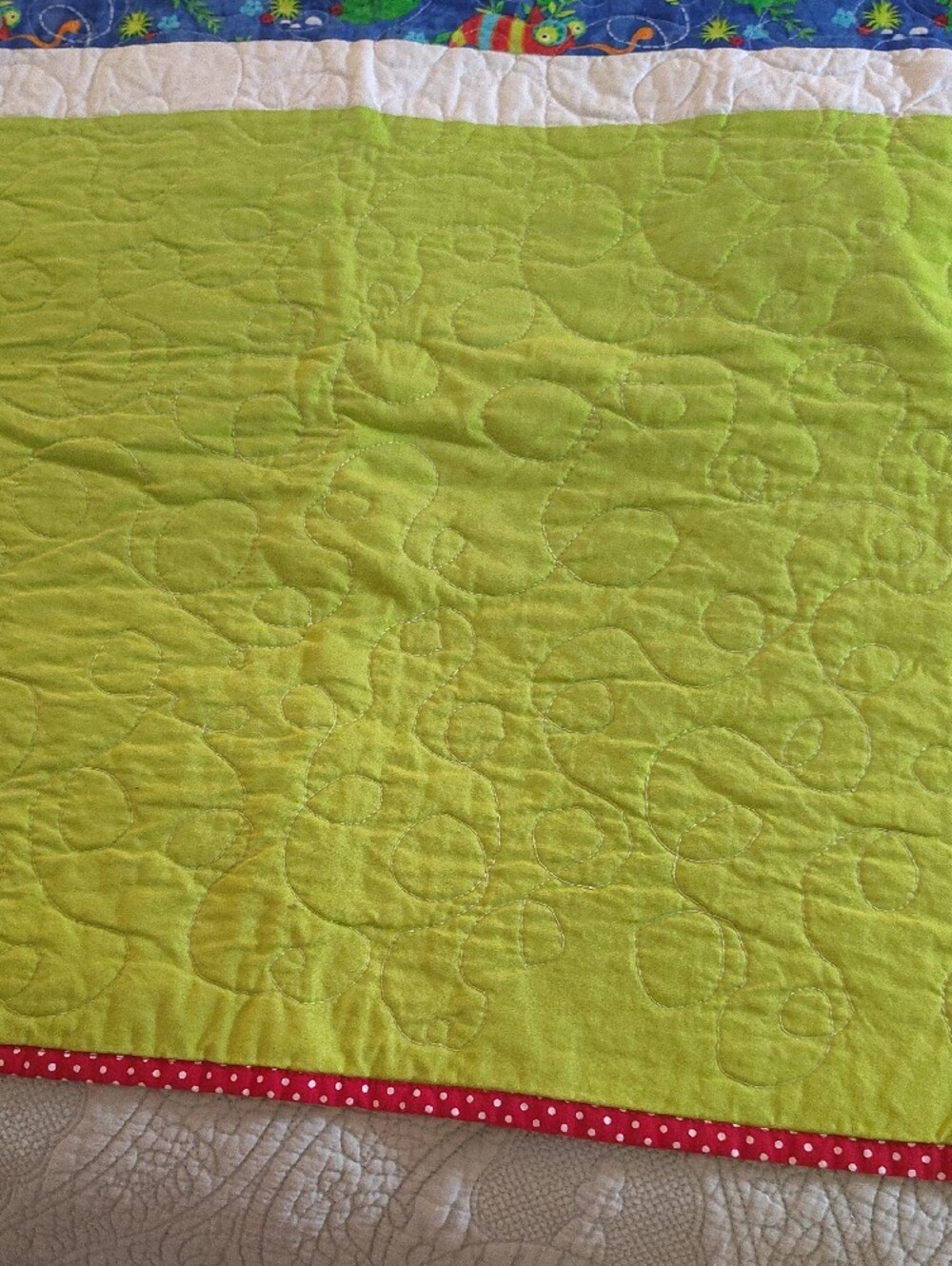 Children's Frog/Turtle Handmade Patchwork Quilt - Green & Blue - Picture 8 of 11
